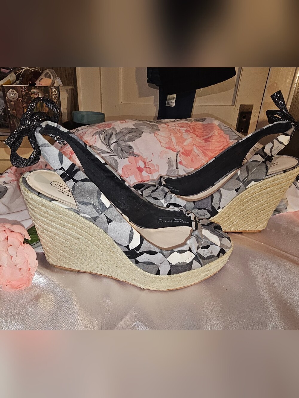 Coach Women's Black & Gray Patterned Espadrille Wedge Sandals
